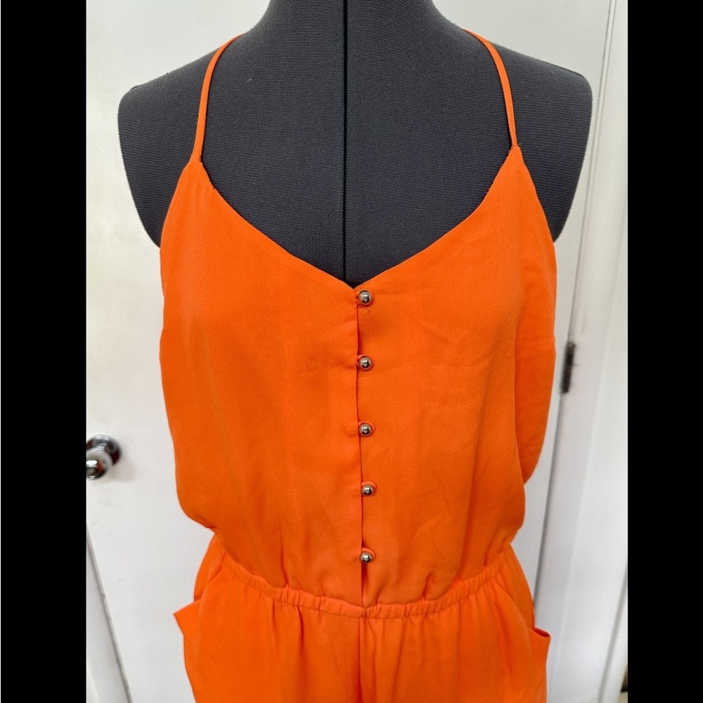 SEXY XOXO ORANGE SILKY CHIFFON SHORTS ROMPER HALTER SPAGHETTI STRAPS BEADED L - Picture 3 of 9